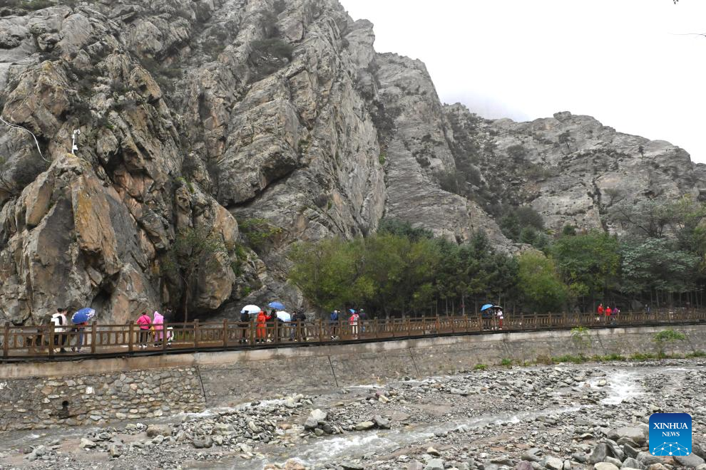 Tourists visit Helan Mountain rock painting scenic spot in Chinas Ningxia(图2)